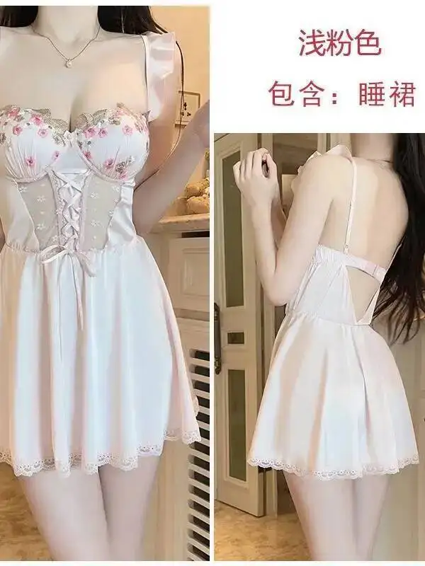 레이디 아이스 실크 드레스 딥 V 섹시 가슴 패드 포함 순수한 매력 레이스 트림 백리스 딥 V 슬리브리스 드레스 OGCW