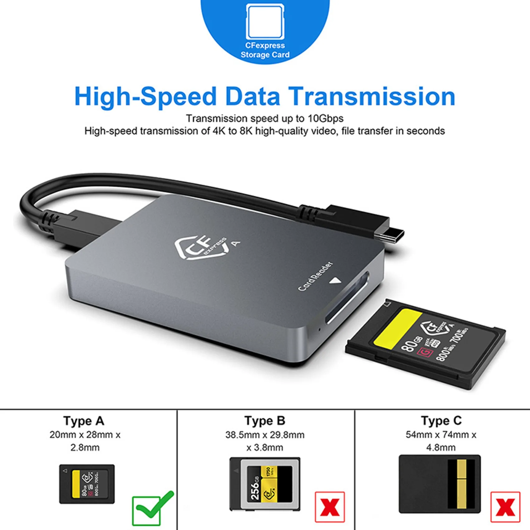 

Smart-3X Cfexpress Type A Card Reader USB3.1 Gen2 Adapter 10Gbps For Windows XP With Cable For SLR