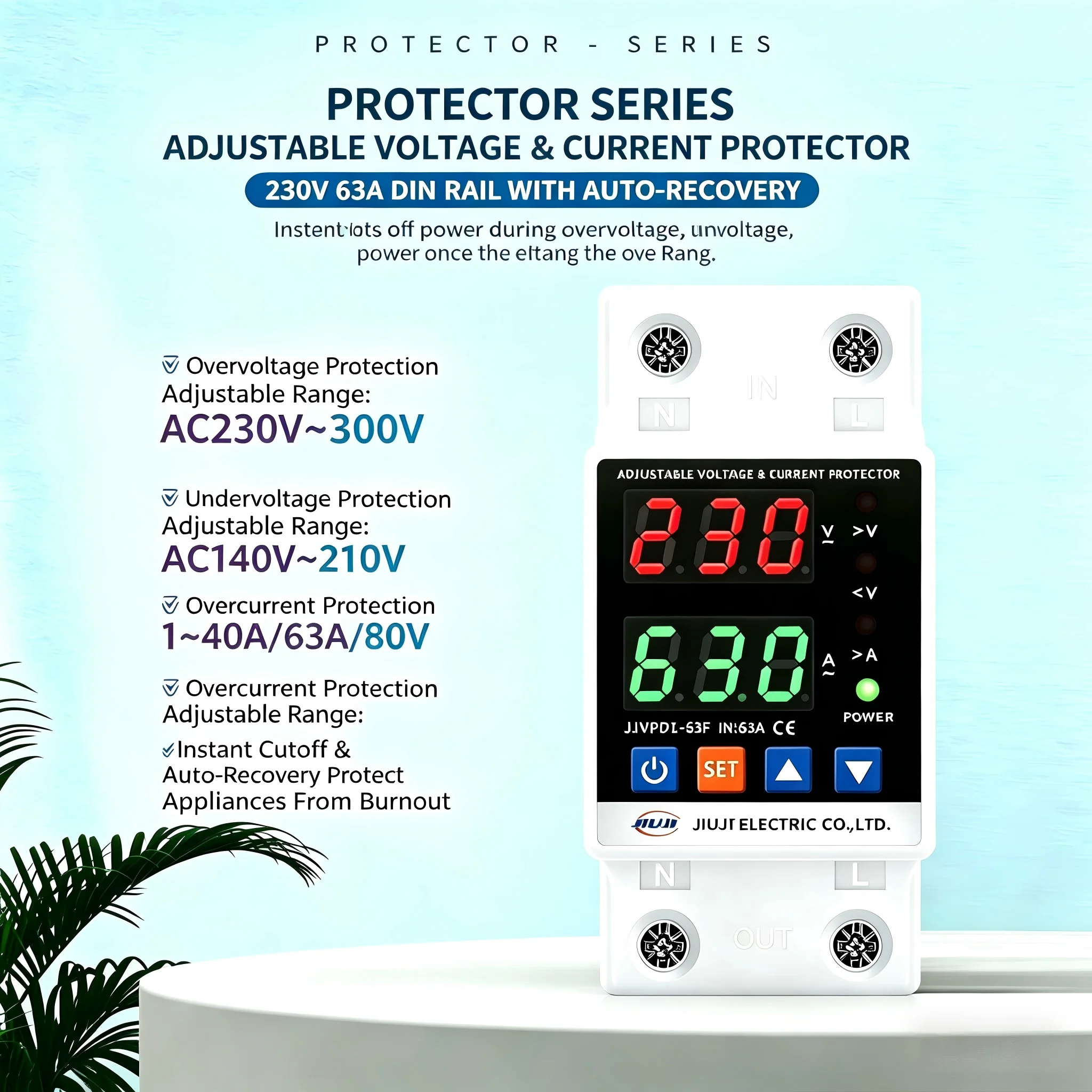 Jiuji Automatic Recovery 220V Digital Display Over Under Voltage Current Limiter 63A Home Circuit Protection Device