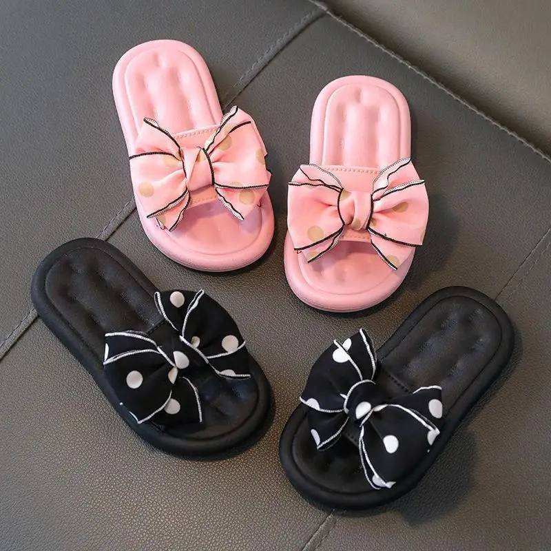 Bow Flats Open Toe Slide Sandals Non-slip Flip Flops Children Home Slippers Kids Girls Summer Cute Beach Slippers Shoe