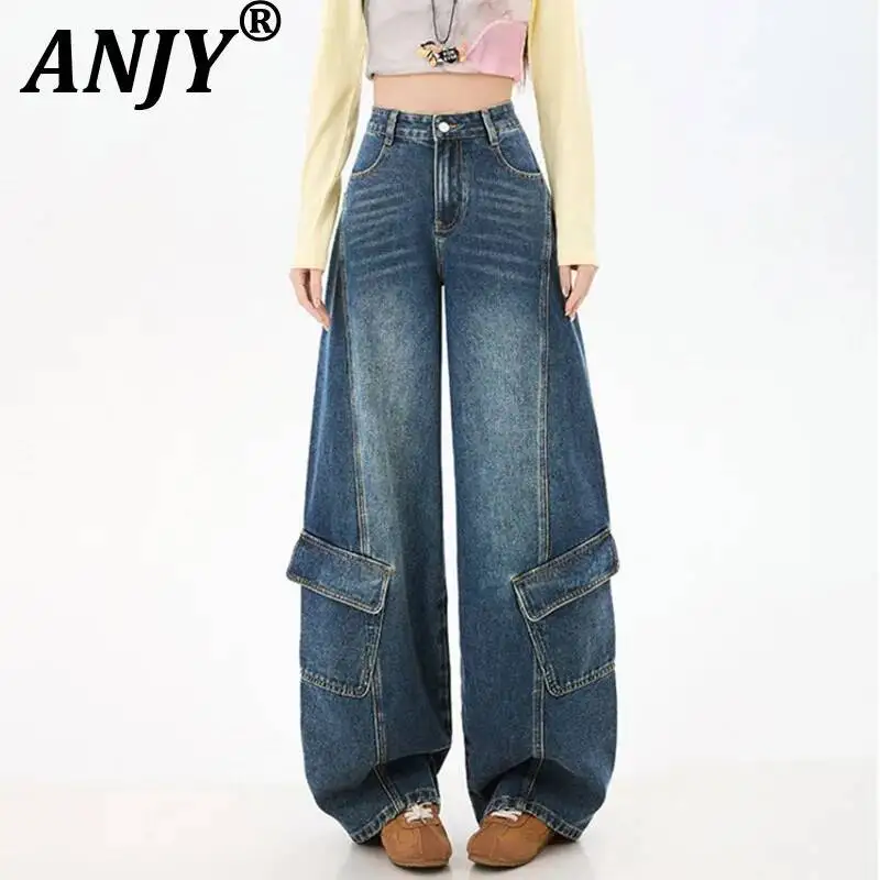 

ANJY Spring Autumn New Women American Style High Street Large Pocket Design Jeans Loose Casual Wide-leg Denim Cargo Pants A23065