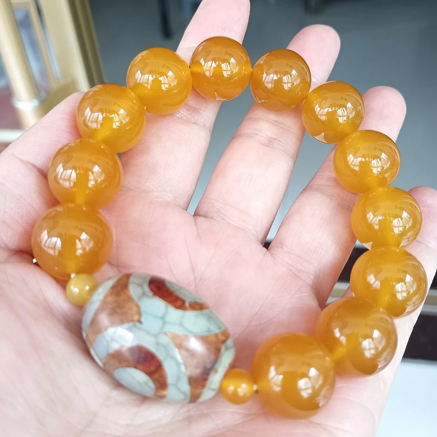 18mm Mala Agate Bangle 3 Eyes Tibetan Dzi Bead Handstring Nature Calcedony Amulet Talisman