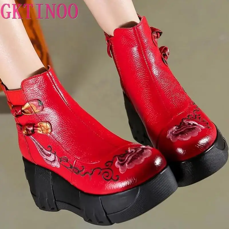 GKTINOO Handmade Genuine Leather Women\'s Boots Round Toe Retro Thick-soled Wedges Ankle Boots Embroidered High-heeled Boots 2024