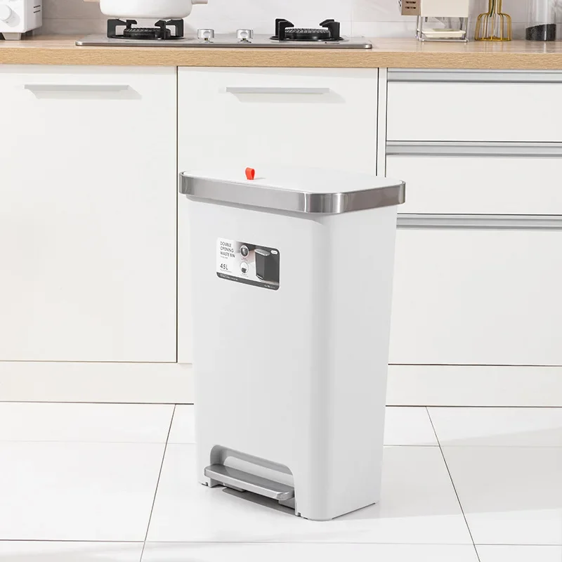 Double-lid large trash bin, creative household foot-operated kitchen sanitary bin, large capacity