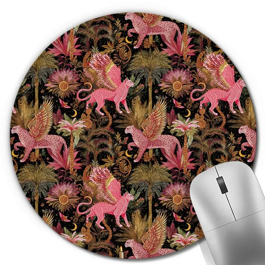 Dark Fantasy Pink and Gold Leopard Round Mouse Pad, Mystical Tropical Forest Girly Cheetah Mousepad Mat for Home Office Compute