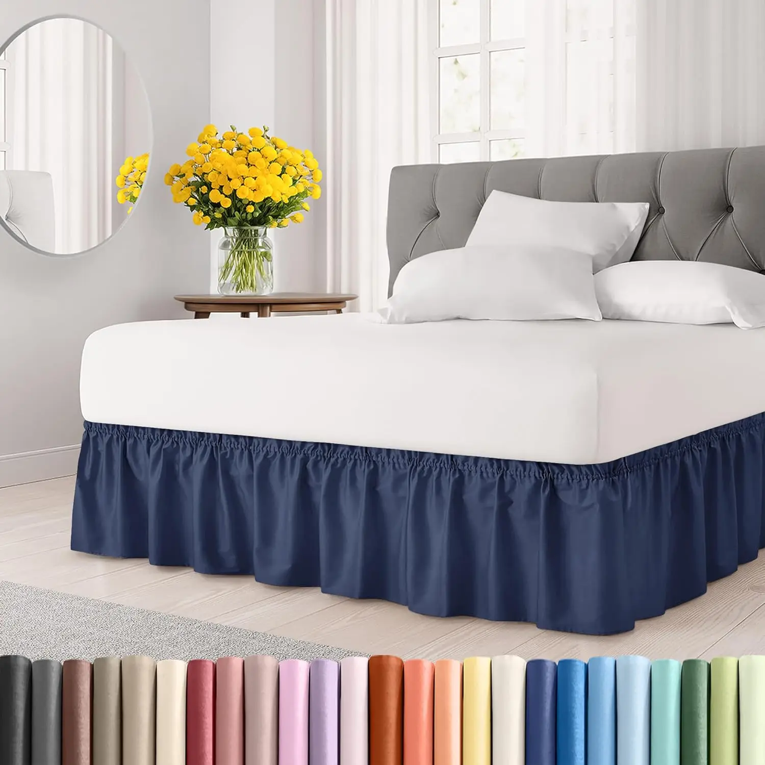 

Wrap Around Dust Ruffle Bed Skirt - Navy Blue - For King Size Beds With 21 H Drop - Elastic Strap - Adjustable Pleated Bedskirt