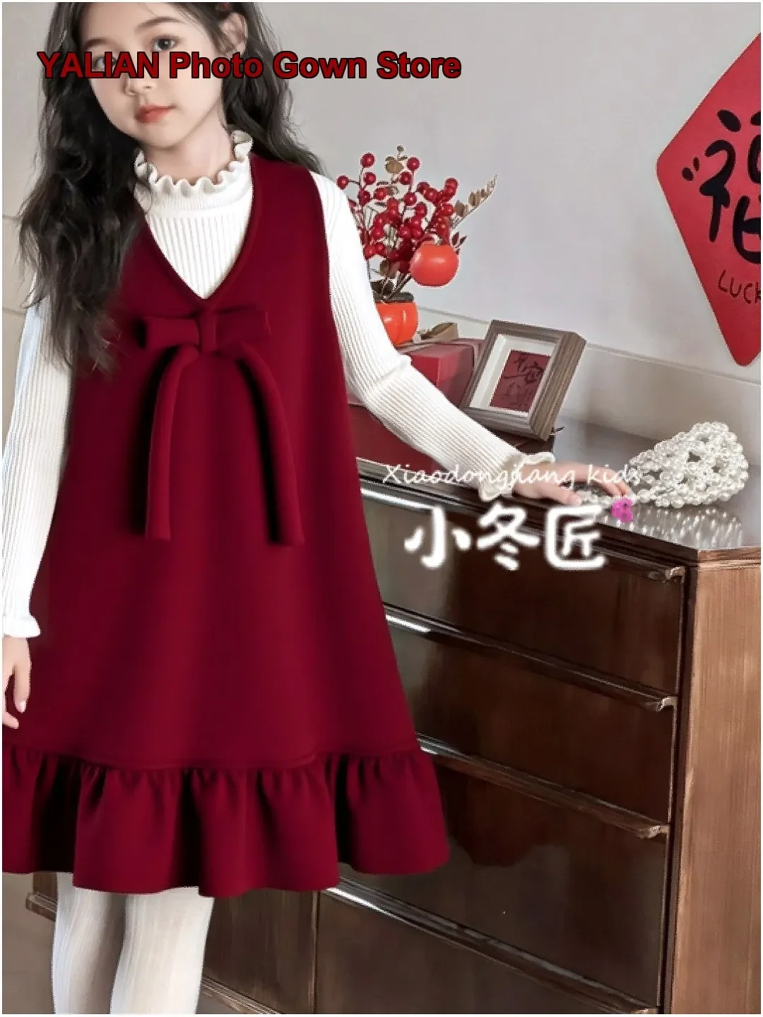 Girls New Year Greeting Dress Autumn Winter 2026 Older Kids Thickened Vest Skirt Set