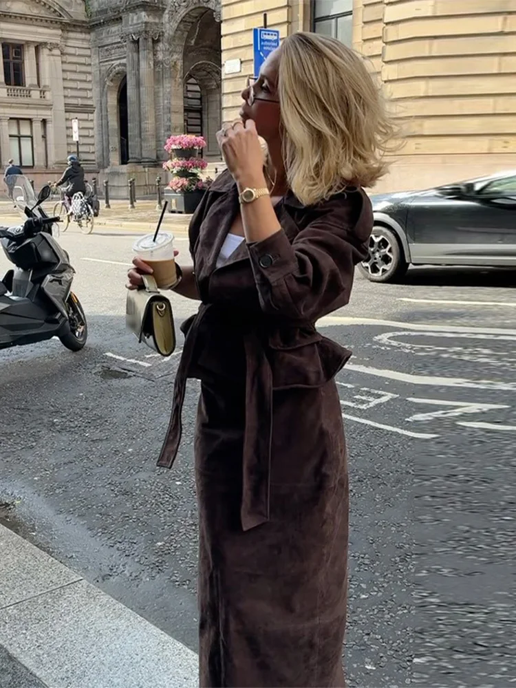 2025 Autumn Winter Fashion Elegant Women's Suede Jackets Skirts Suit Lace Up Lapel Solid Lady Sets