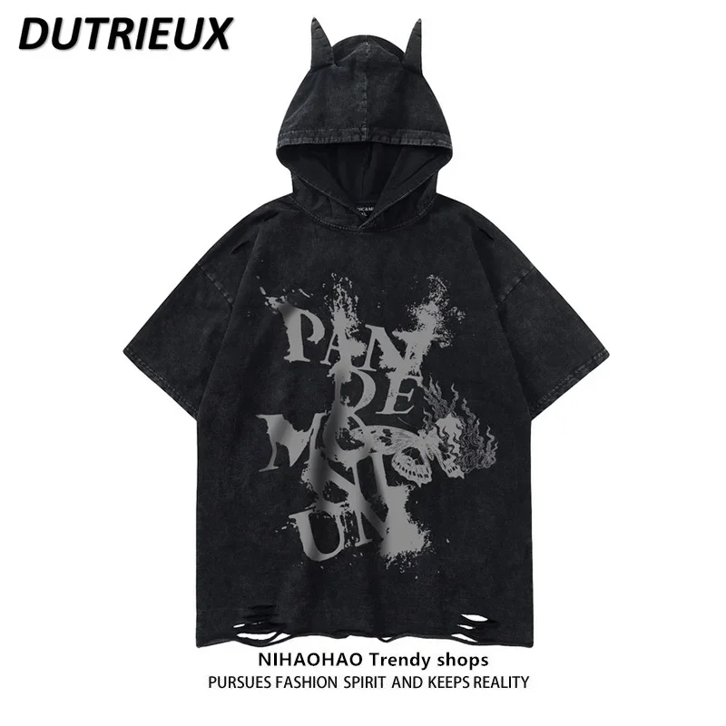 

Casual T Shirt Original Fashion Brand American Street Dark Hooded Ripped T-shirt Washed and Worn Short Sleeve Couple Top