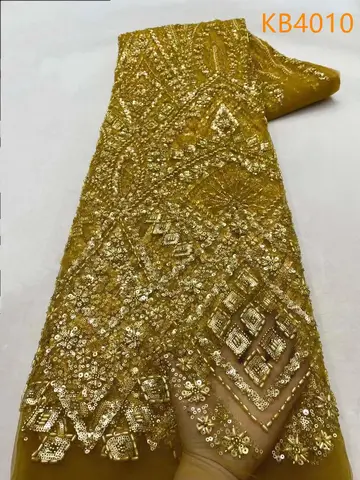 아프리카 골드 비즈 얇은 명주 그물 레이스 자수, 두바이 2024 화이트 시퀀스, 프랑스 메쉬 레이스 직물, 웨딩 파티 원피스, KB4010, 신제품
