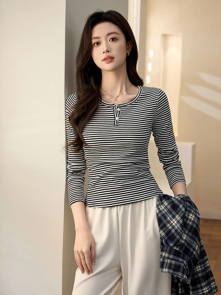 Cotton Women's T-Shirts Striped Color Patchwork Sexy V-Neck Full Sleeve Korea Stylish Slim Basic Layer Tops Female Outwear C5830