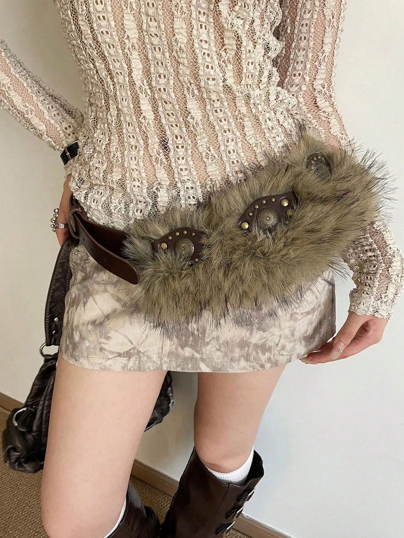 

1 шт. женский кофейный цвет ретро персонализированный кроличий мех искусственная кожа теплый нишевый пояс осень, осень, Хэллоуин