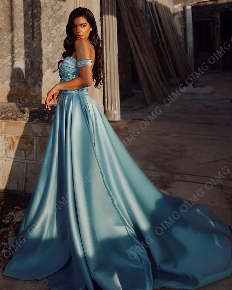 OIMG-Robe de Soirée en Satin Bleu Ciel, Tenue de Bal Longue et Trapèze, pour ixde Mariage