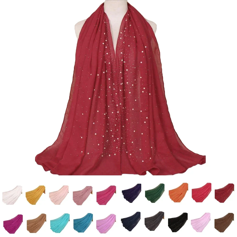 Diamonds Scarf Beads  Linen Scarves Muslim Hijab Women Pearls Headscarf Islamic Turban Head Wrap Shawl Fashion 180*70cm