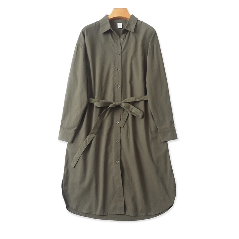 Coton lin Long Sve Cardigan irt Dr ceinturé mi-long femmes printemps automne nouveau Sle coupe ample Faion Dr