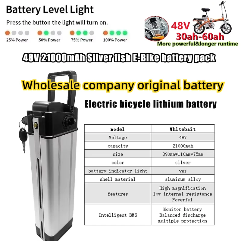 Portable 48V E-bike Battery Pack 600W High Power Lithium Battery Aluminum Shell Suitable for Long Lasting Life OF E-bike Series