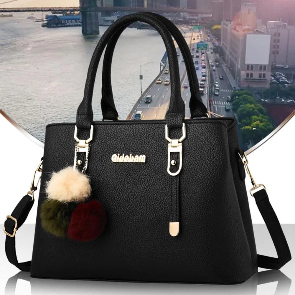 

Women Handbag Smooth Zipper Large Capacity Crossbody Bag Portable Faux Leather Plush Ball Shoulder Bag For Party Gathering