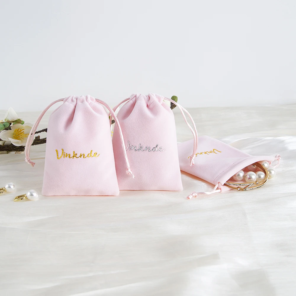 100pcs Pink Velvet Drawstring Bag Custom Logo 13X18cm Thick Plush Velvet Storage Rosary Jewelry Dice Gift Wedding Favor Bags