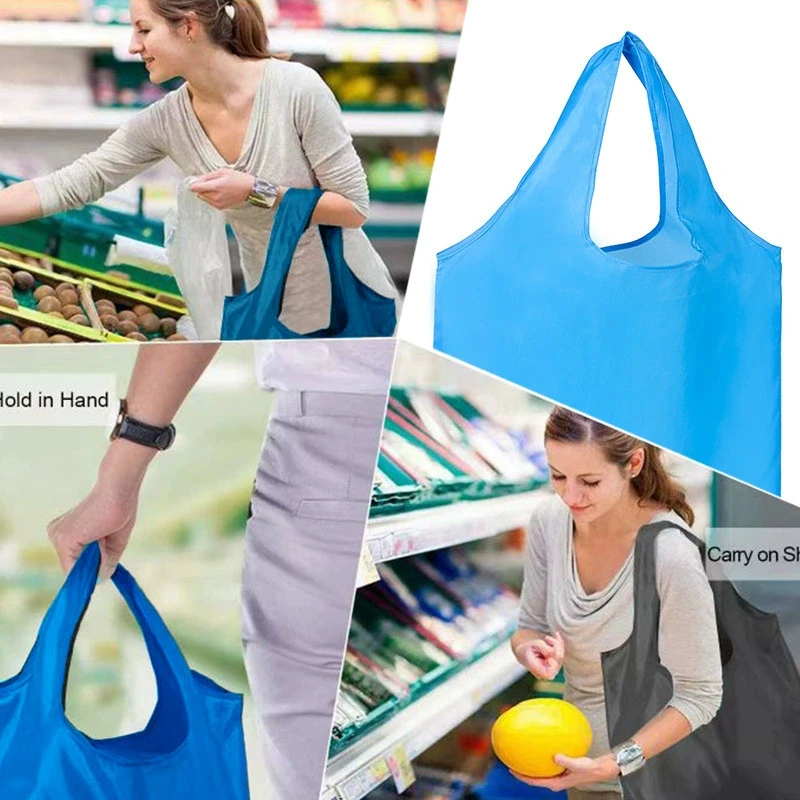 5 Stück Einkaufstasche, einfarbig, umweltfreundlich, faltbar, wiederverwendbar, tragbare Schultertasche aus Polyester für Reisen, Lebensmittel – Detail 4