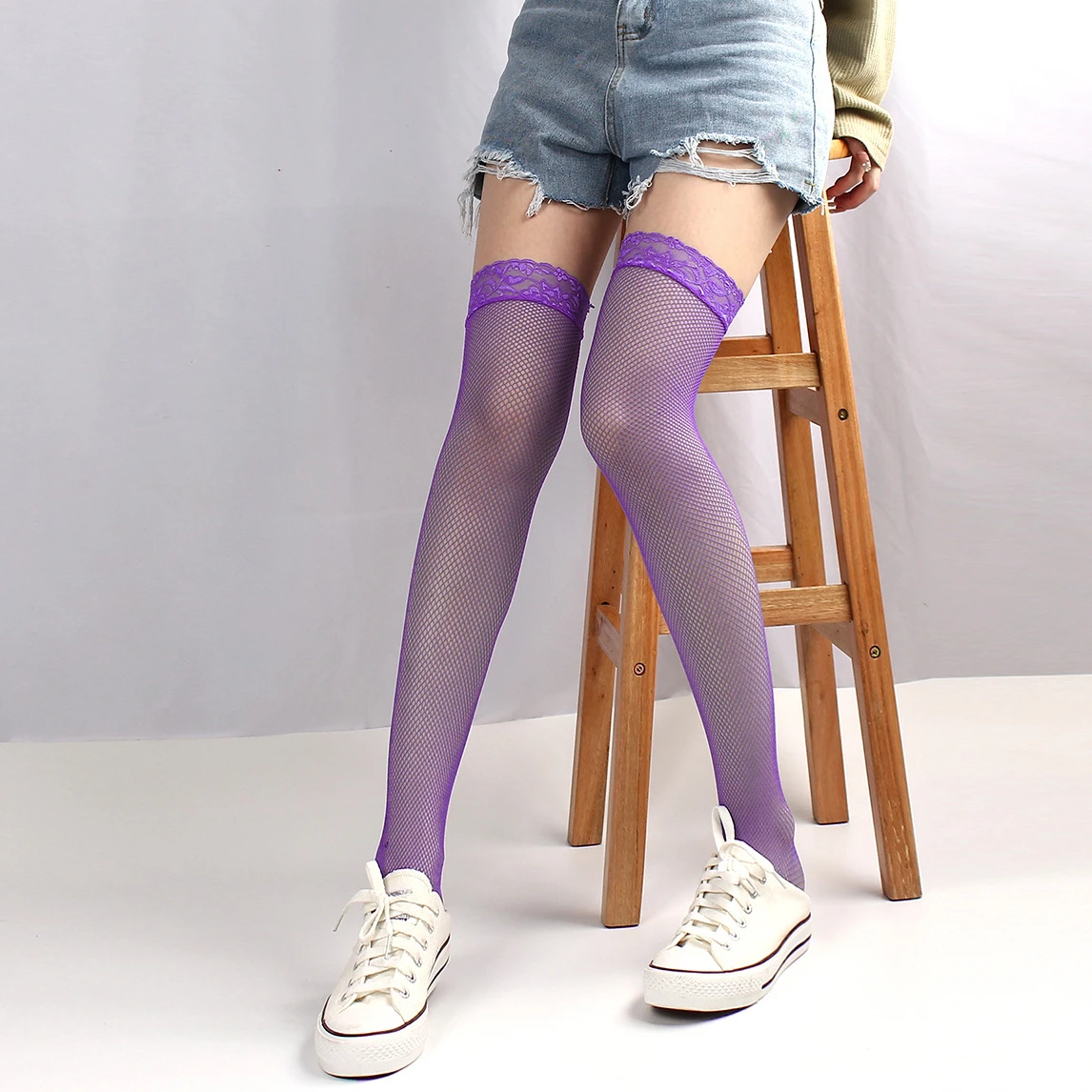 Knee High Lace Socks for Women Erotic Lingerie Small Mesh Thigh High Hosiery Green Yellow Pink Blue Purple White Sexy Stockings