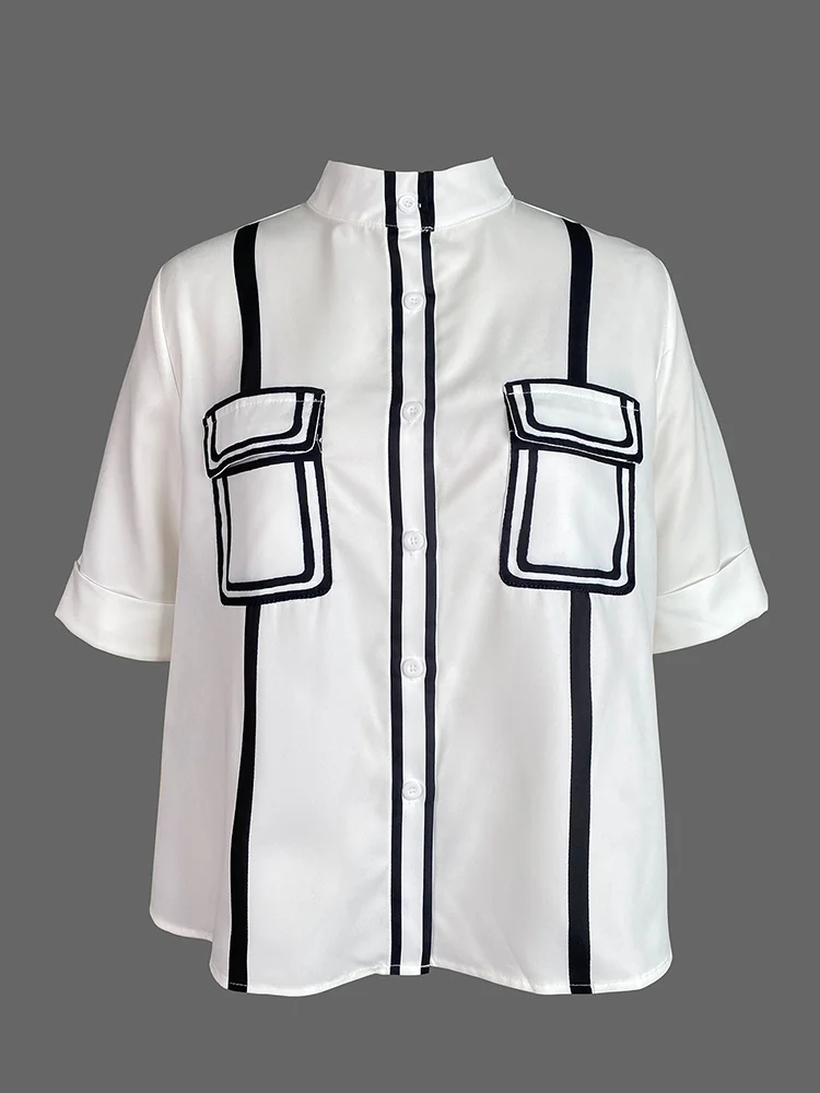 

A-Line Half Sleeve Buttoned Contrast Color Pockets Mock Neck Blouse Top Women's Fashion Casual Shirt
