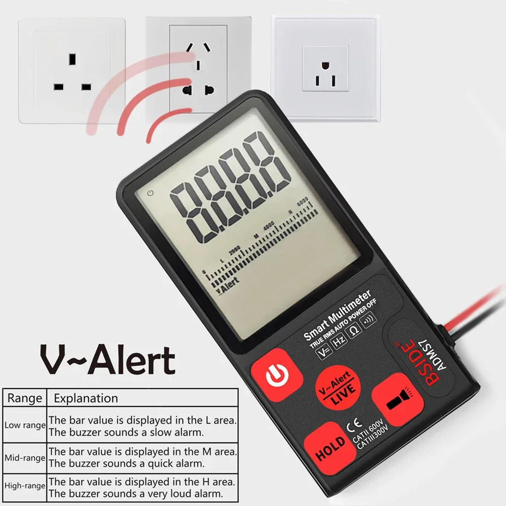 BSIDE ADMS7 Voltage Tester 3.5'' Large LCD Digital Smart Multimeter 3-Line Display TRMS 6000 Counts DMM with Analog Bargraph