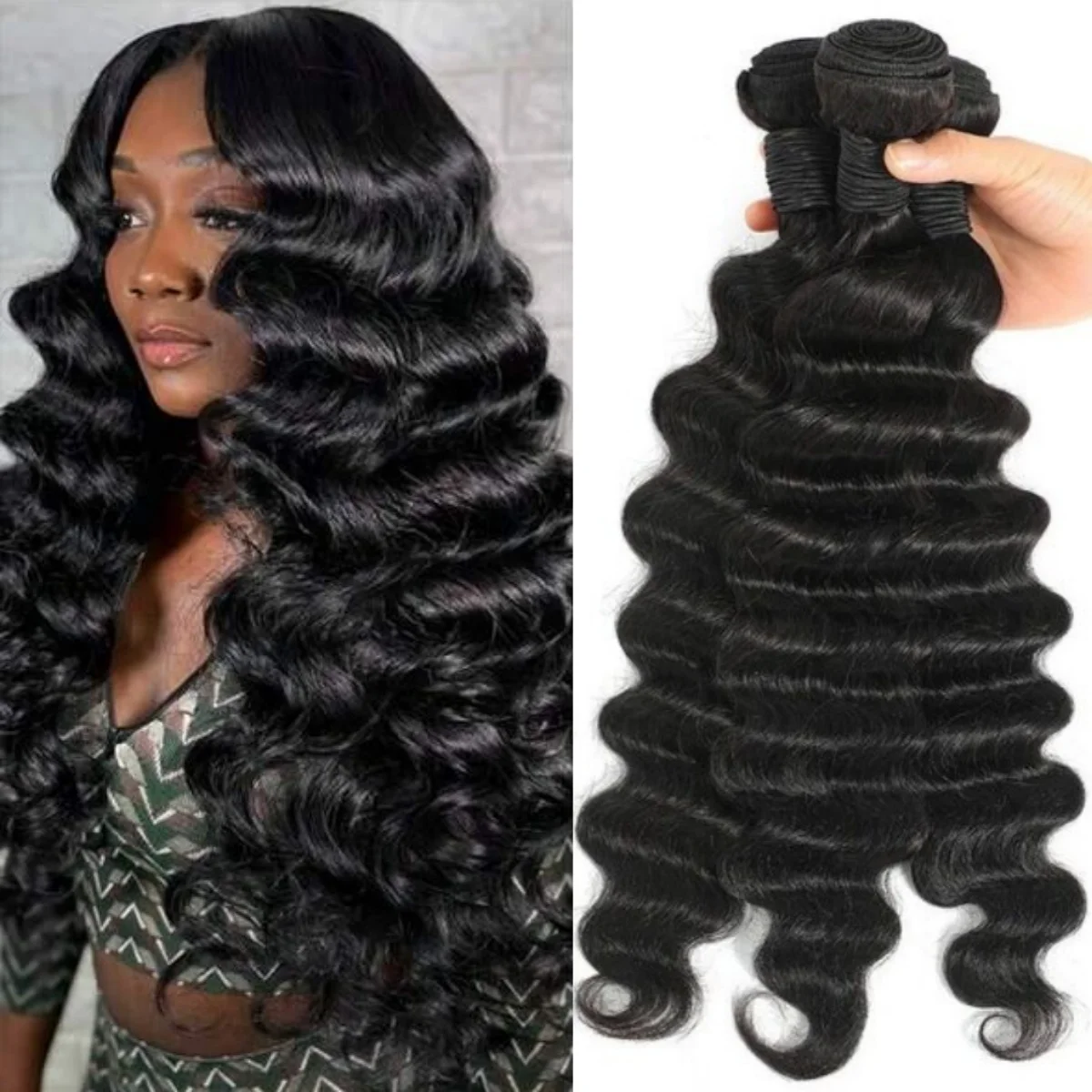 

Curly Bundles Human Hair Deep Wave Human Hair Extensions Brazilian Virgin Raw Hair Weave Natural Black Color Water Wave Bundles