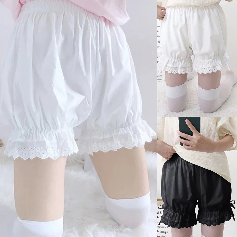 Women Girls Vintage Bloomers Loose Pumpkin Pants Solid Color Ruffled Lace Hem Sweet knot Gothic Elastic Waist Security Safety S