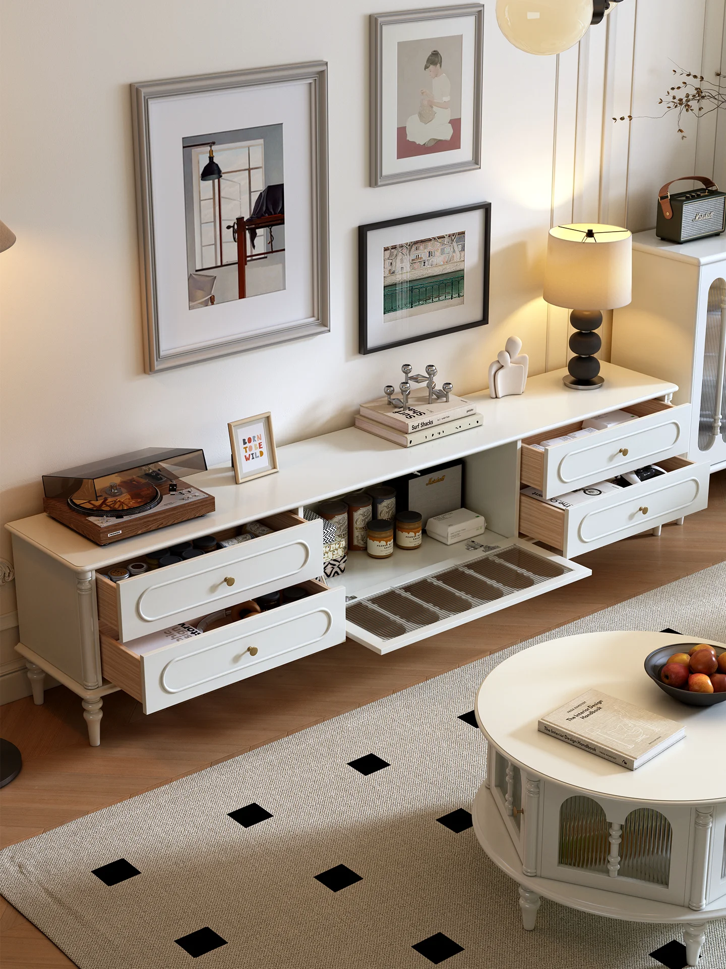 

French TV Cabinet Living Room Household Cream Wind Solid Wood TV Cabinet Coffee Table Combination