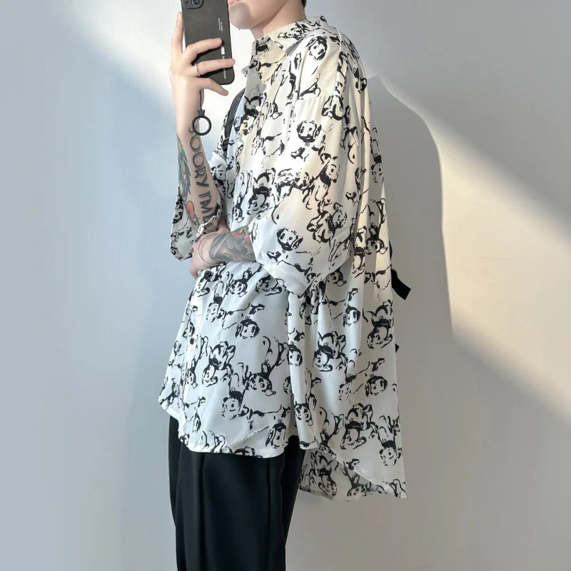 

Korean Style Dog Print Shirt Men's Short Sleeve Summer Trendy Fashion Casual Loose Fit Polyester Fiber Youth Popular Shirt