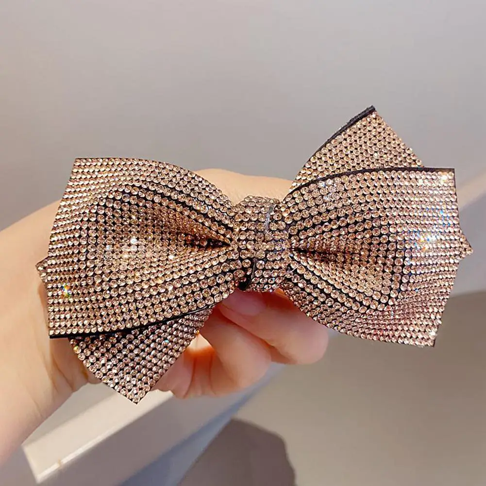 Bow Hairpin Non-Slip Anti-fall Stable-fixed Strong Grip Anti-crack Shiny Rhinestone Spring Clip Hair Barrette Daily Wear Supply