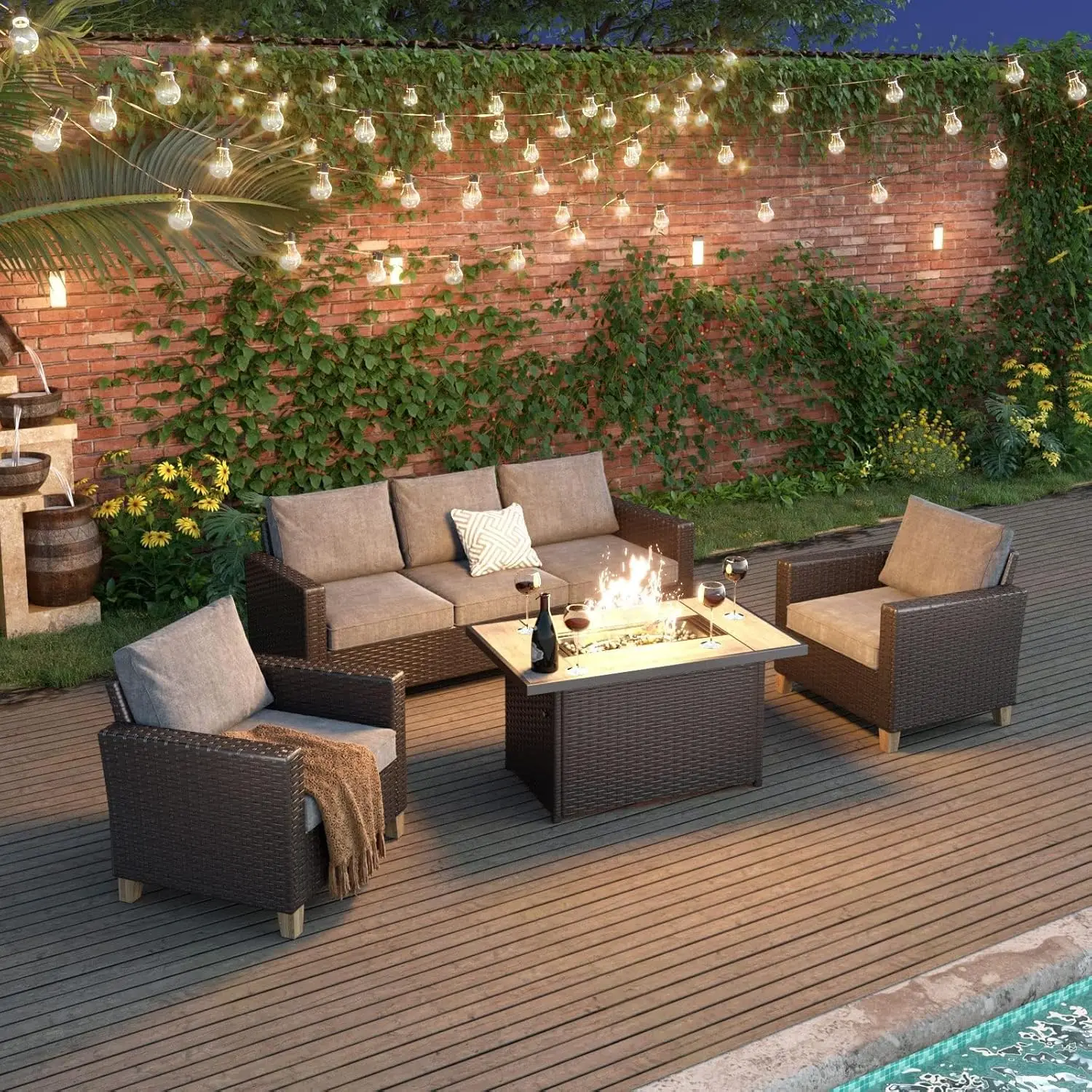 Grand Patio Sofa Sets 6 Pieces Conversation Set With Fire Pit Table, Wicker Patio Furniture Sectional Sofa With Thick Cushions