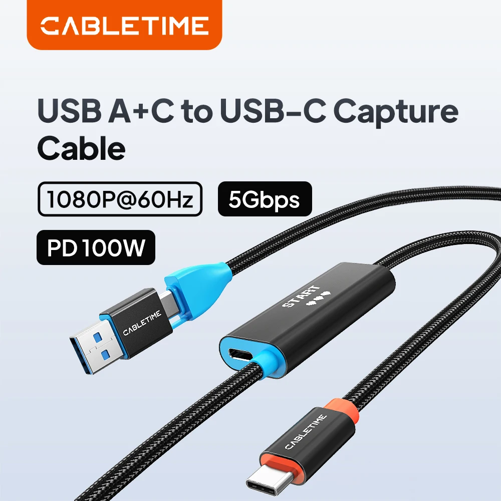 CABLETIME USB C/A 2 in 1 Capture Cable 1080P@60Hz PD 100W 5Gbps Aluminum Shell for Tablet Laptop Switch 2/1 Video Capture