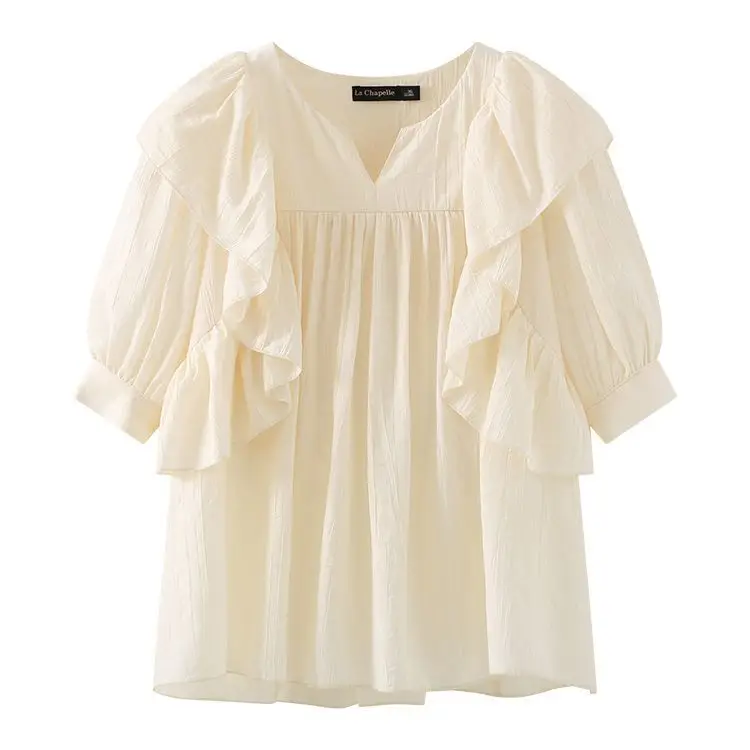 قمصان نسائية قصيرة الأكمام تظهر مهزومًا متعددة الرقبة ملابس احترافية من الأورجانزا مزينة بأناقة القصر الأنيقة الأولى #1