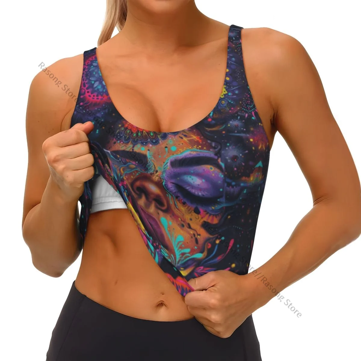 Sutiã esportivo feminino correndo roupas de yoga colete retrato de mulher com maquiagem multicolorida reunindo colete de fitness