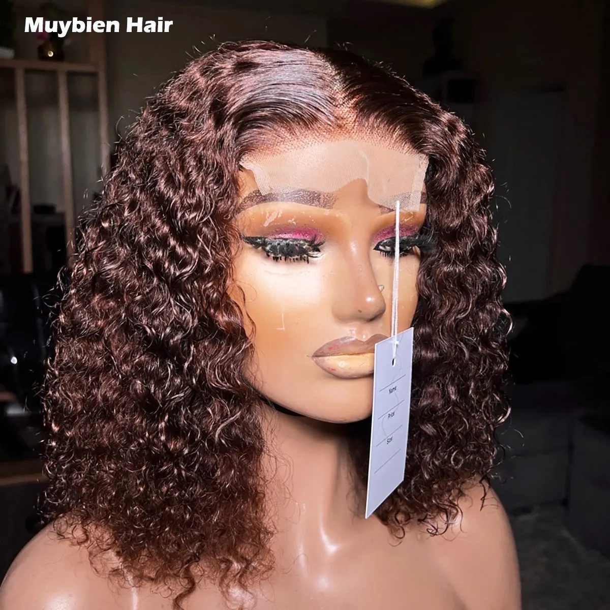 

Ready to Wear Glueless Human Hair 4by4 Closure Bob Wig Double Drawn Pixie Curly Brown Color 13x4 Lace Front Bob Wig for Woman