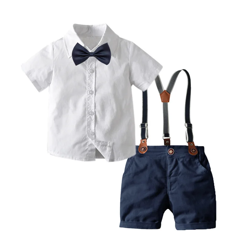 Summer Kids Clothes Set Boys Suit Short Sleeve White Blouse With Bowtie +Suspender Short 2pcs Set Gentle Boy Clothes Outfits