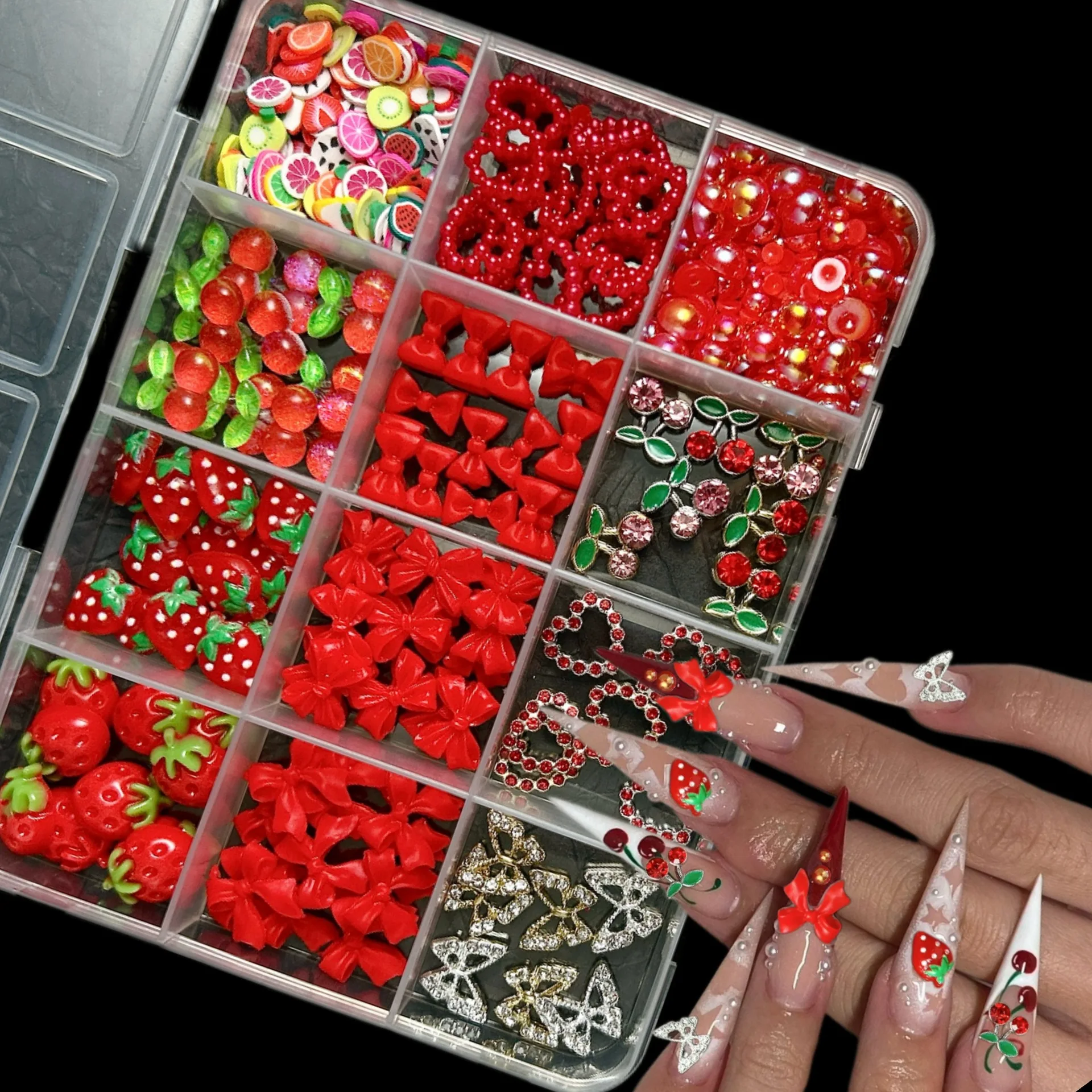 12 กริด Kawaii สีแดงเชอร์รี่สตรอเบอร์รี่ผลไม้เล็บ Charms 3D ผีเสื้อหัวใจเชอร์รี่ Rhinestones DIY ตกแต่งเล็บ
