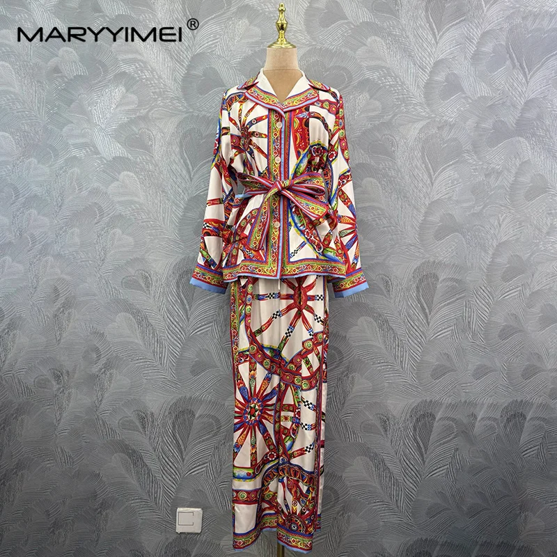 MARYYIMEI Casual printed silk two-piece lapel long-sleeved top wide-leg pants suit 2026 autumn fashion women's new style