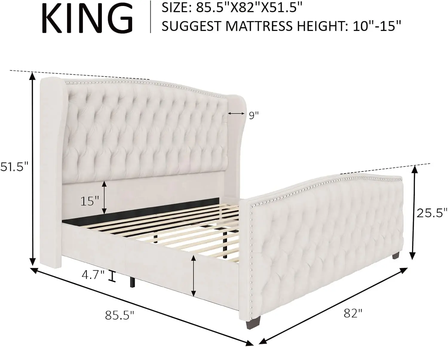 King Size Platform Bed Frame Velvet Upholstered with Deep Button Nailhead Trim Wingback Headboard No Box Spring Required Cream