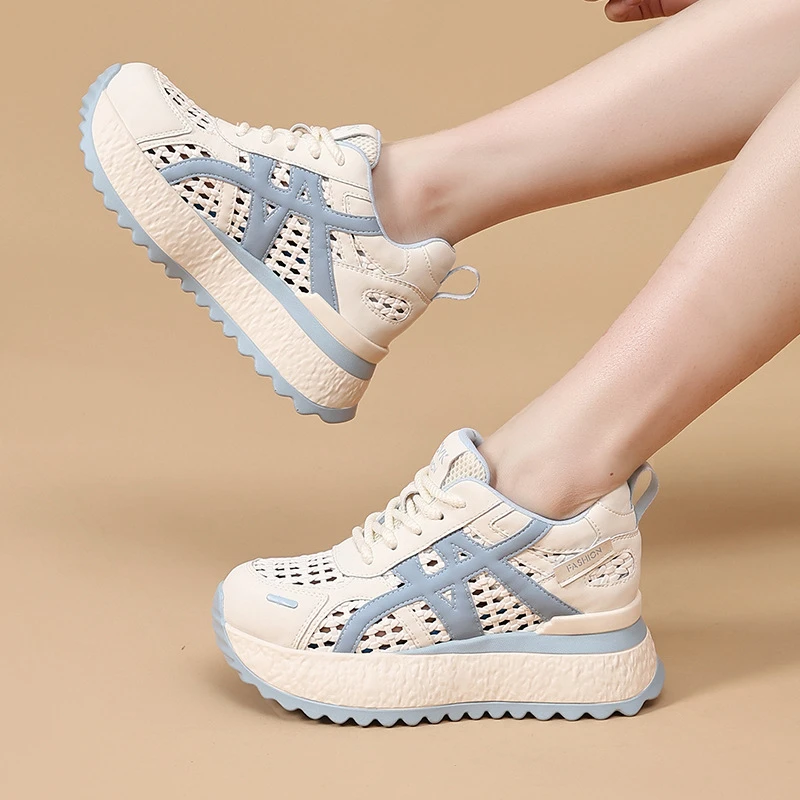 

Womens Beige Blue Color Block Mesh Chunky Platform Dad Sneakers Hidden Height Increasing Lace Up Breathable Summer Casual Shoes
