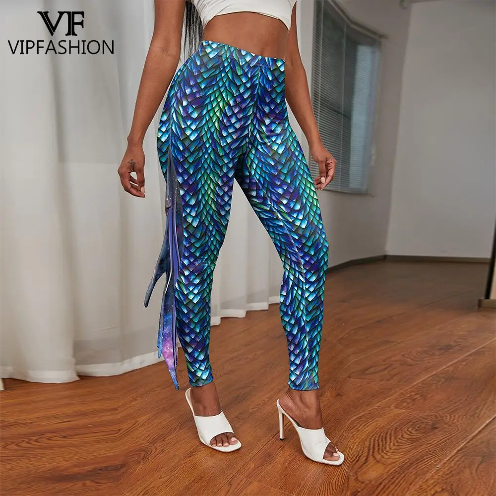 VIP FASHION Colorful Fish Scales Leggings Woman Summer High Waist Trousers 3D Printed Oversized Pants Fitness Spandex Bottom