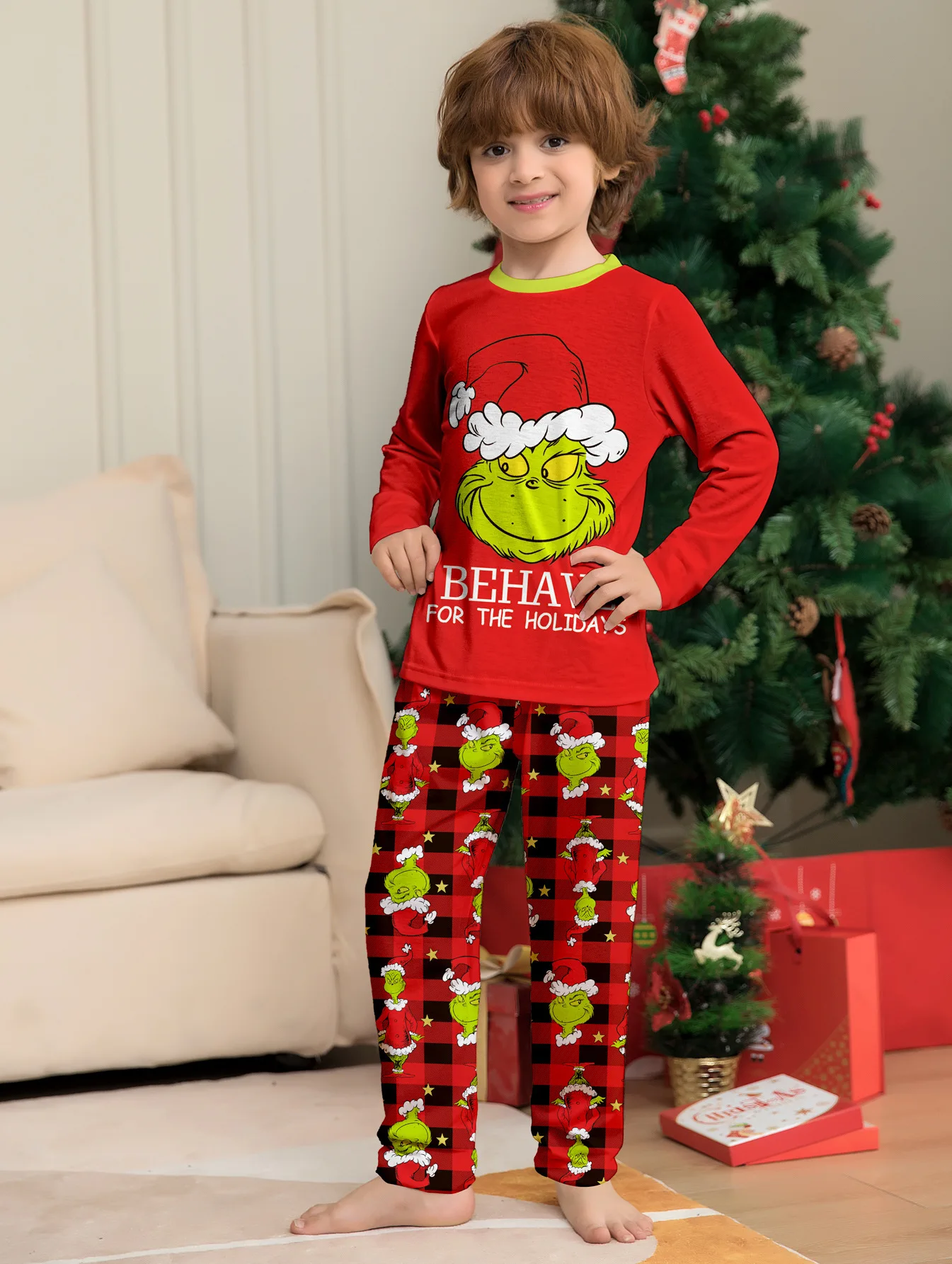 Noel aile eşleştirme pijama Set küçük canavar baskı ebeveyn-çocuk kıyafetleri üst + çizgili pantolon Xmas pijama bebek tulum