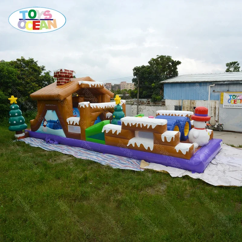 Custom Commercial PVC Christmas Inflatable Obstacle Course Snowman Gift Bounce Slide for Kids