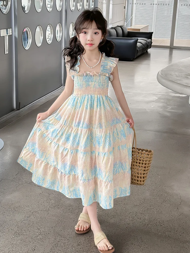 2024 Summer kid lace sleeveless Girls Long Teenager suspender square colorful layered princess slip dress 5 7 6 8 10 12  Years