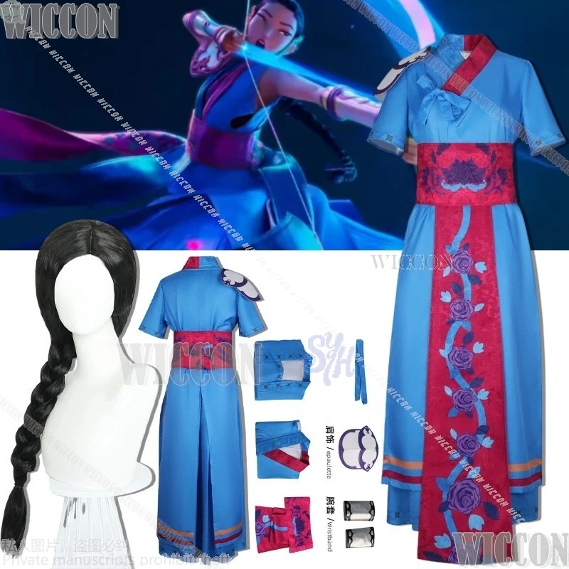 

Anime Demon Cosplay Huntrix Ancestors Traditional Korean Blue Korean Style Hanbok Retro Rose Pattern Halloween Carnival Outfit