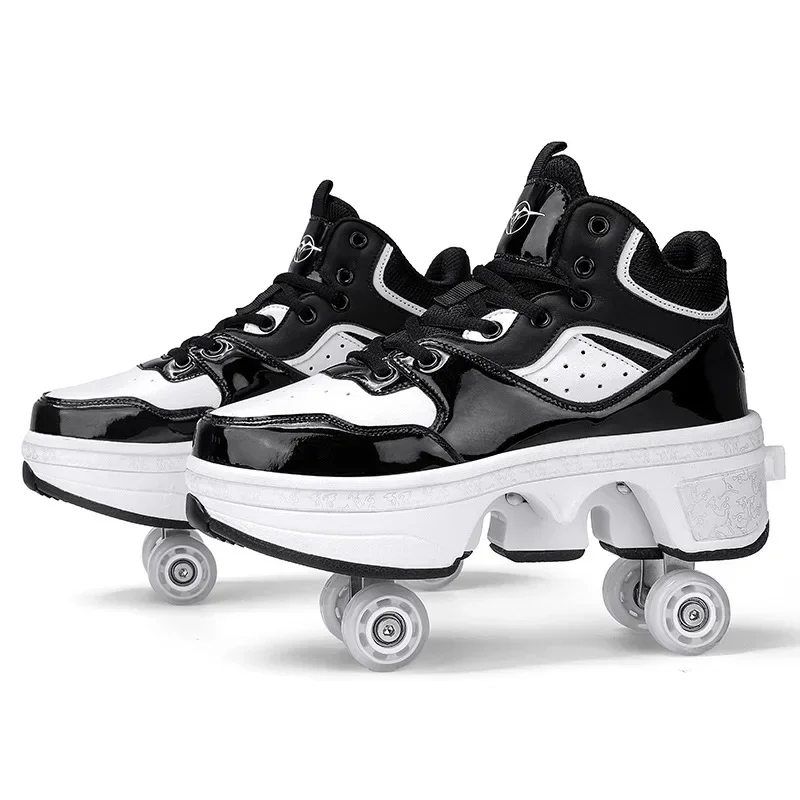 Deformable Four-wheel Walking Shoes Shrink Convenient High-top Skating Wheel Sneakers Microfiber Comfort Roller Skates