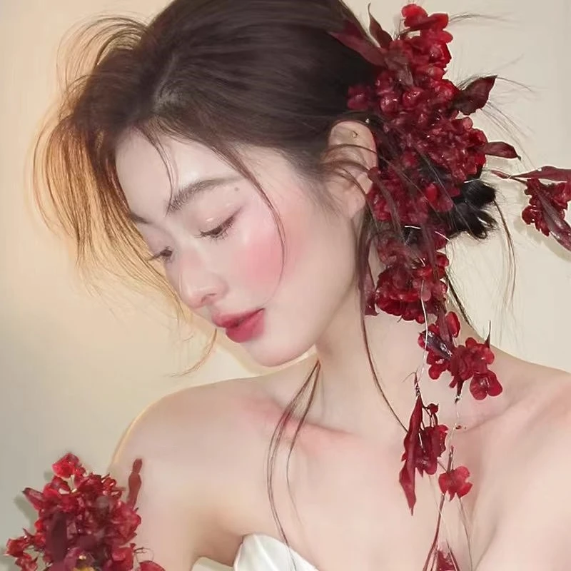 جديد النمط الصيني بورجوندي زهرة مجففة مهدب Diy الإناث سوبر الجنية محاكاة رئيس زهرة غطاء الرأس الزفاف