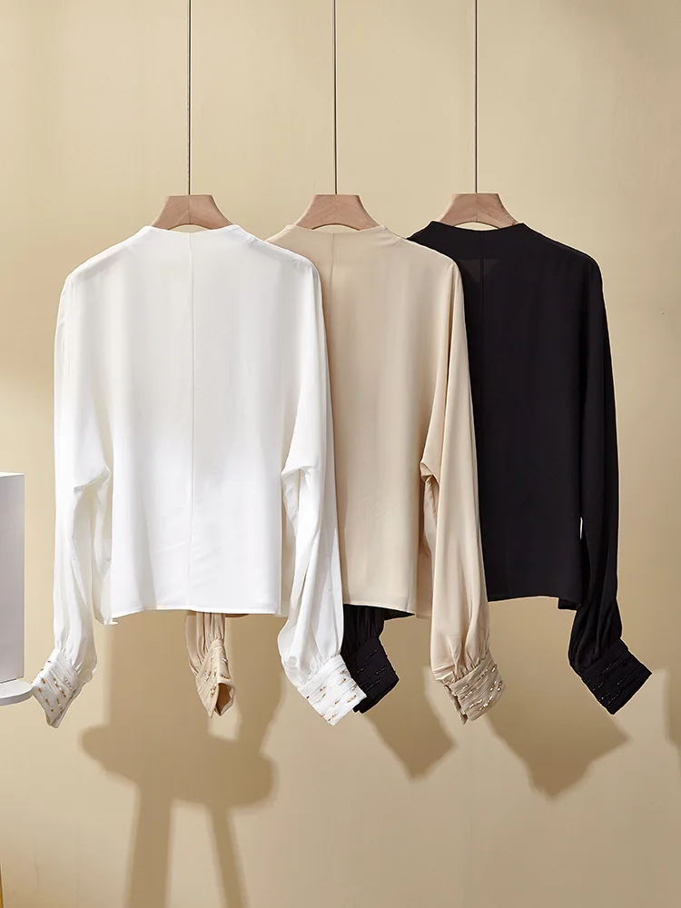 

High-End Women's Summer New 100%Silk Shirt Lantern Sleeve Loose Bead Chain Cardigan Top