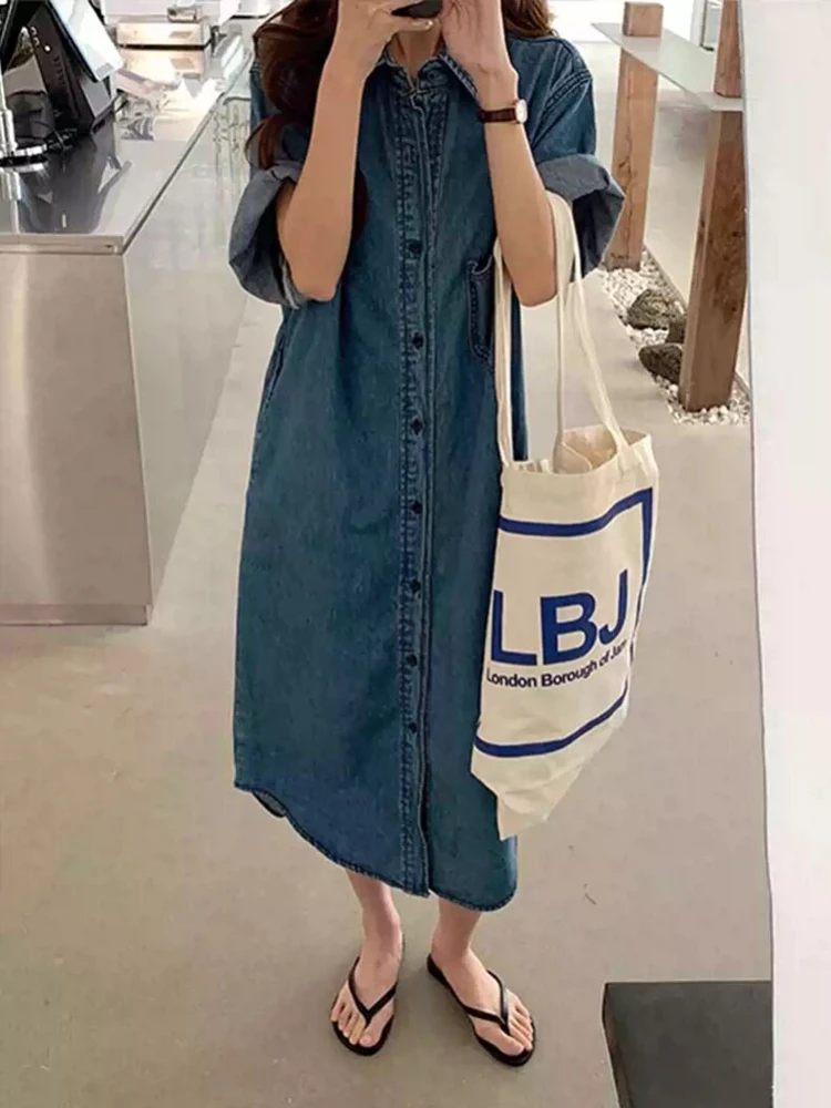 NYFS 2025 فستان صيفي فضفاض مقاس كبير من قماش الدنيم للنساء على الطراز الكوري بأكمام قصيرة فستان طويل رداء Elbise #3